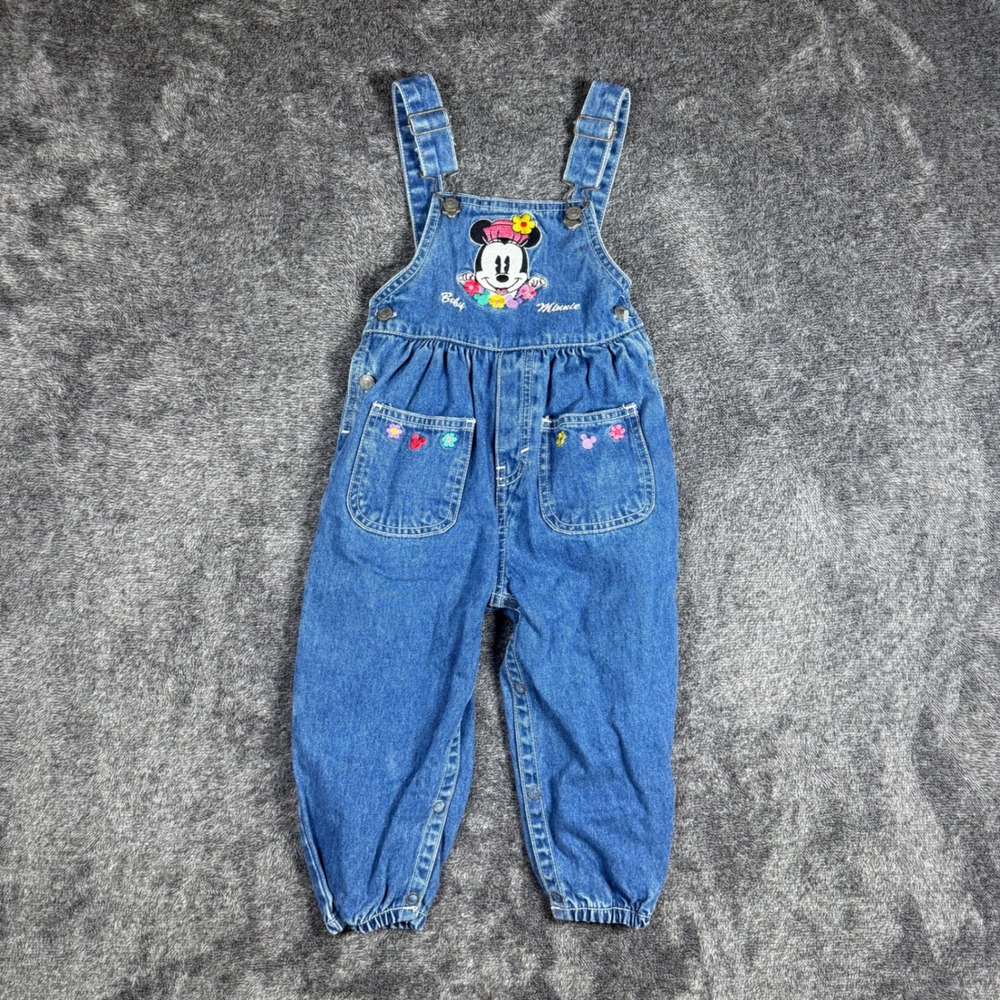 Vintage Baby Minnie & Co Disney Denim Overalls Minnie Mouse Floral 24M Blue